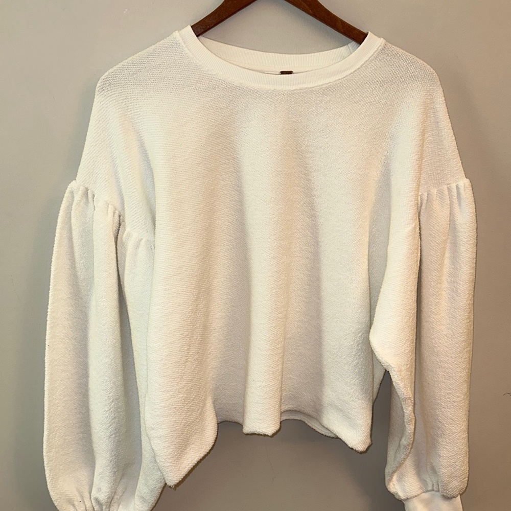 Free People White Cropped Balloon Pirate Sleeve Terry Cloth Top SZ L Oversized